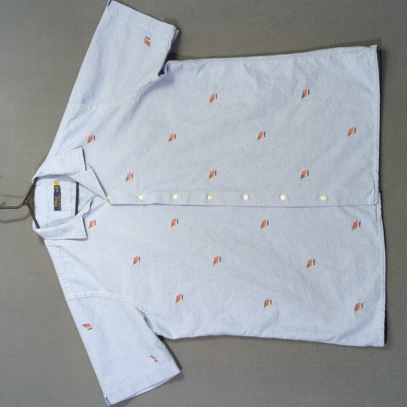 Polo Ralph Lauren Shirt Men's 2XLT Blue Flag Embroidered Oxford Camp Shirt Loop - Picture 2 of 9